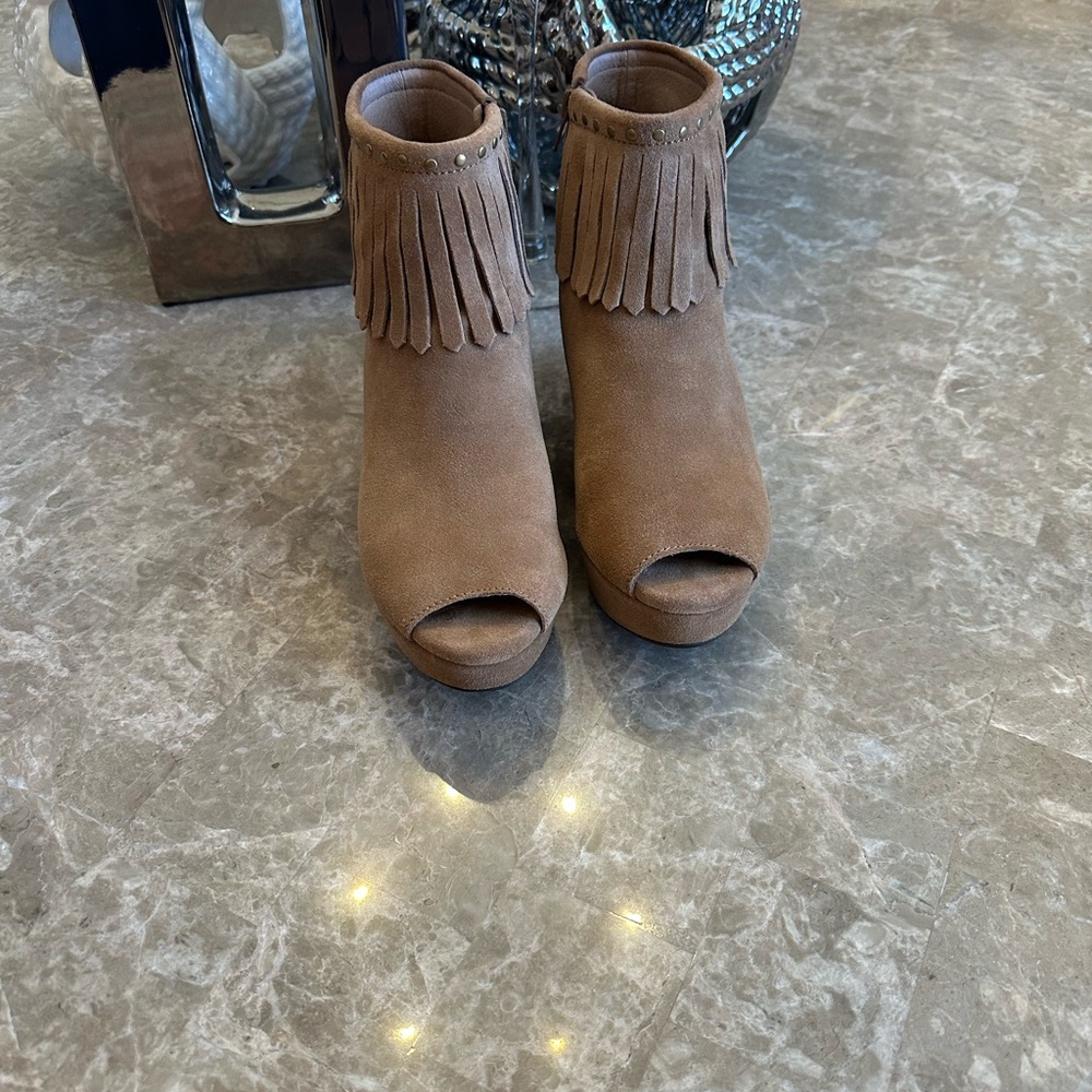 Chocolat Blu Tan Suede Fringe Peep Toe Boots